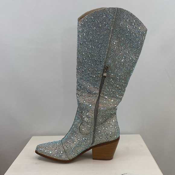NWOT Rhinestone Cowgirl Boots  Sparkly Knee High Cowboy Boots Chunky Heel - Picture 3 of 9